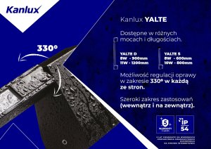 Kinkiet Kanlux Oprawa elewacyjna liniowa LED YALTE D 12 11W NW-B 500lm 4000K neutralna barwa IP54 regulowany kąt 330 st. czarny 38896 3
