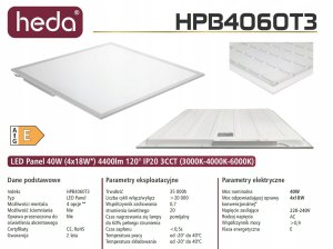 Oprawa PANEL LED BACKLITE 40W 3000K/4000K/6000K CCT 4400LM UGR IP20 HPB4060UGRT3 4
