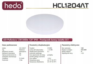 Lampa sufitowa Heda OPRAWA LED Plafoniera sufitowa 12W 3000K/4000K/6000K IP44 CCT HCL1204AT 2