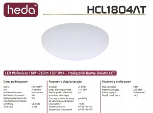 OPRAWA LED Plafoniera sufitowa 18W 3000K/4000K/6000K IP44 CCT HCL1804AT 2