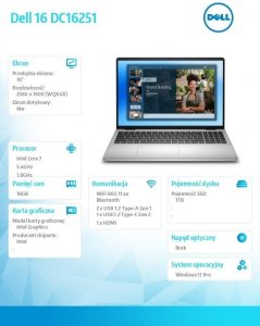 Laptop Dell Laptop 16 DC16251 W11P C7-150U|16GB|512GB|Intel Graphics|FgrPr|WLAN + BT|16.0 2.5K|BcklKb|4C|65W|3YPS Platinum Silver 11