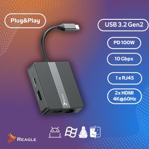 HUB USB Reagle HUB USB-C 2x HDMI 4K 60Hz PD 100W USB 3.2 LAN RJ45 ADAPTER PRZEJŚCIÓWKA 7w1 3