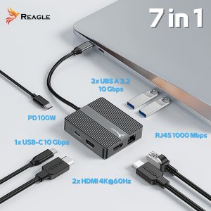 HUB USB Reagle HUB USB-C 2x HDMI 4K 60Hz PD 100W USB 3.2 LAN RJ45 ADAPTER PRZEJŚCIÓWKA 7w1 4