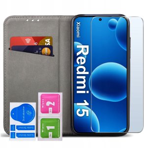 Etui Skórzane Zamykane MAGNETYCZNE CASE do Xiaomi Redmi 15 4G | 5G + SZKŁO 2