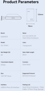 Kieszeń Essager 2,5-calowa obudowa na dysk twardy SATA USB 3.0 7