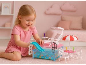 Zestaw Letni Resort Dla Lalek Basen Zjeżdżalnia Leżaki Parasol 5