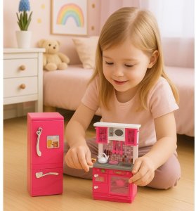 Zestaw Kuchnia Dla Lalek Lodówka Piekarnik Akcesoria Różowe 6