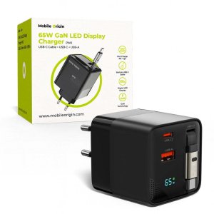 Ładowarka Mobile Origin 65W GaN Display Charger PW2 - USB-C Self-Retracting Cable + USB-C + USB-A 2