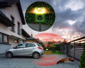 Ultradźwiękowy Solarny Odstraszacz Zwierząt Kotów Psów Kun Lisów Dzików Saren Jeleni Ptaków Flame Guard 11