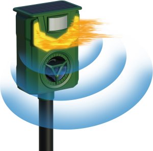 Ultradźwiękowy Solarny Odstraszacz Zwierząt Kotów Psów Kun Lisów Dzików Saren Jeleni Ptaków Flame Guard 5