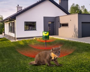 Ultradźwiękowy Solarny Odstraszacz Zwierząt Kotów Psów Kun Lisów Dzików Saren Jeleni Ptaków Flame Guard 9