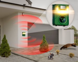 Ultradźwiękowy Solarny Odstraszacz Zwierząt Kotów Psów Kun Lisów Dzików Saren Jeleni Ptaków Flame Guard 10