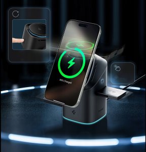 Ładowarka Spigen Essential EF223MS Qi2 Rotary Magnetic - Ładowarka indukcyjna MagSafe 3w1 do iPhone, AirPods i Apple Watch 15W (Black) 4