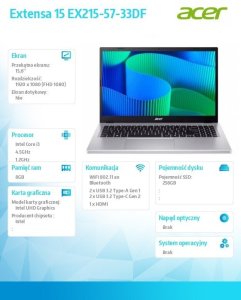 Notebook Extensa 15 EX215-57-33DF i3-1315U 15.6 FHD, 8GB DDR5, 256GB SSD, NoOS, srebrny 9