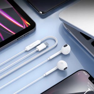 SŁUCHAWKI PRZEWODOWE DOUSZNE USB TYP-C Z MIKROFONEM PILOTEM BIAŁE 1.2m 6