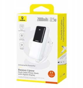 Powerbank Baseus Powerbank Lipow 20000mAh 22,5W z dwoma wbudowanymi kablami z dodatkowym kablem Simple USB-A - USB-C 3A 20cm biały 12