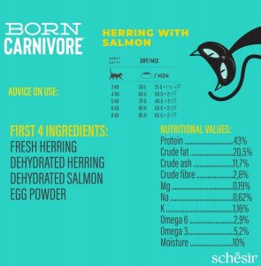 Schesir Born Carnivore sucha karma dla dorosłych kotów, śledź i łosoś, 1,25 g, worek 3