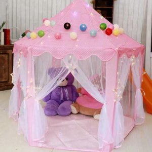 Retoo Namiot zamek pałacowy z podłogą różowy dla dzieci 600-23 7