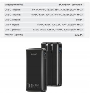 Powerbank 25000mAh 100W 2xUSB-C USB-A PD3.0 QC3.0 LED szybkie ładowanie 6