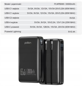 Powerbank 20000mAh 65W 2xUSB-C USB-A PD3.0 QC3.0 LED szybkie ładowanie 2