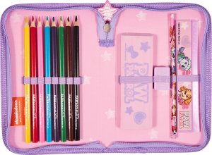Paw Patrol Girls Filled single decker pencil case, 300D polyester with glitter printed stars,  20 x 12.8 x 3 cm. Contents: 8 triangular sharpened colour pencils, 1 triangular sharpened pencil, pencil sharpener, 15 cm ruler, 1 big eraser 13 x 4.5 x 1 cm. P 2