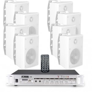 Zestaw białych głośników naściennych 8x 4'' z 2-strefowym  wzmacniaczem one size 17