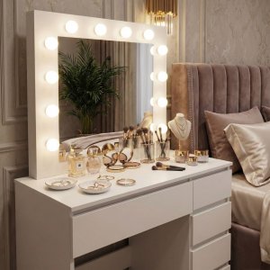 ModernHome Toaletka kosmetyczna z lustrem i oświetleniem 5 szuflad taboret (5019) 3