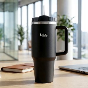 STALOWY KUBEK TERMICZNY TERMOS 1200ml Z RĄCZKĄ I SŁOMKĄ 259444 2