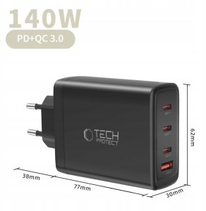 TECH-PROTECT NC140W-GAN 4-PORT NETWORK CHARGER PD 140W / QC3.0 BLACK 4