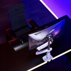 F7-XE Pearl White Podświetlenie RGB Gamingowy mocny uchwyt biurkowy do dużych monitorów 32-60 cali 11