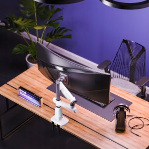 F7-XE Pearl White Podświetlenie RGB Gamingowy mocny uchwyt biurkowy do dużych monitorów 32-60 cali 4