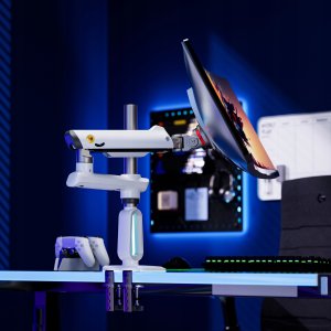 F7-XE Pearl White Podświetlenie RGB Gamingowy mocny uchwyt biurkowy do dużych monitorów 32-60 cali 7