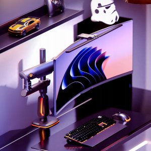 F7-XM Gulf Blue Podświetlenie RGB Gamingowy mocny uchwyt biurkowy do dużych monitorów 32-60 cali 10