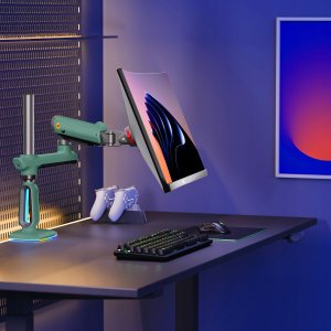 F7-XK Moss Green Podświetlenie RGB Gamingowy mocny uchwyt biurkowy do dużych monitorów 32-60 cali 3