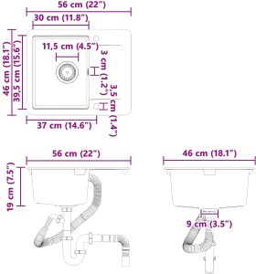 vidaXL Zlew Szary 560 x 460 mm 80% Kwarc i 20% Żywica 9