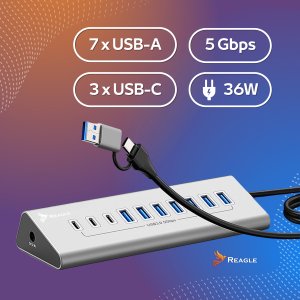 HUB USB AKTYWNY Z ZASILACZEM 36W 10 PORTÓW USB 3.2 ROZDZIELACZ ROZGAŁĘŹNIK REAGLE 3