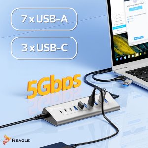 HUB USB AKTYWNY Z ZASILACZEM 36W 10 PORTÓW USB 3.2 ROZDZIELACZ ROZGAŁĘŹNIK REAGLE 4