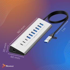 HUB USB AKTYWNY Z ZASILACZEM 36W 10 PORTÓW USB 3.2 ROZDZIELACZ ROZGAŁĘŹNIK REAGLE 9