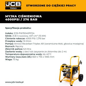 JCB Myjka Wysokociśnieniowa Spalinowa Do Garażu 276 bar 15 l/min Zestaw Dysze Wąż Kostka Profesjonalna 16