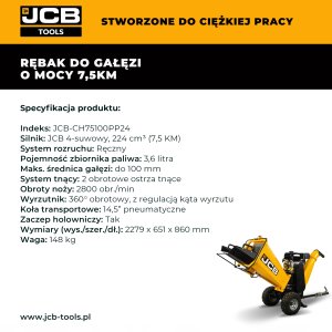 JCB Tools Rębak Spalinowy Do Ogrodu Gałęzi 100 mm 7.5 KM Rozdrabniacz Drewna Z Wyrzutnikiem 360 Koła Terenowe Zaczep Holowniczy 10