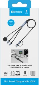 Kabel USB Sandberg 3in1 Travel Charge Cable 100 W 1.2 m USB A/USB C 2 x USB-C/MagSafe Czarny 3
