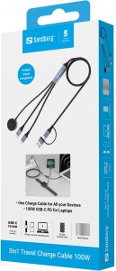 Kabel USB Sandberg 3in1 Travel Charge Cable 100 W 1.2 m USB A/USB C 2 x USB-C/MagSafe Czarny 4