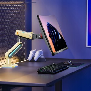F6-XD Sunrise Yellow Podświetlenie RGB Gamingowy mocny uchwyt biurkowy do dużych monitorów 32-60 cali 3
