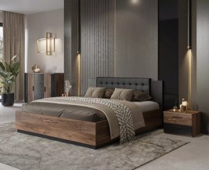 Łóżko SIGMA 160x200 dąb flagstaff miedziany/czarny mat z pojemnikiem HELVETIA 4