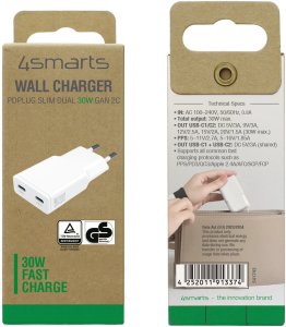 Ładowarka sieciowa 4smarts FlatPlug Slim Dual 30W GaN 2xUSB-C biały 7