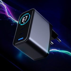 Ładowarka sieciowa 3MK InCharge Lumin PD 67W QC4+ PPS AFC FCP SCP USB-A 2xUSB-C TFT z wyświetlaczem czarny 6