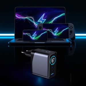 Ładowarka sieciowa 3MK InCharge Lumin PD 67W QC4+ PPS AFC FCP SCP USB-A 2xUSB-C TFT z wyświetlaczem czarny 7