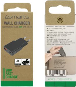 Ładowarka sieciowa 4smarts FlatPlug Duos 30W GaN USB-C/USB-A czarny 6