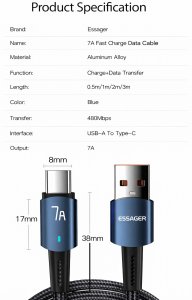 Kabel Essager 7A 100W USB-A do USB-C 1m do OPPO Realme, OnePlus 4