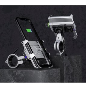 Uchwyt motocyklowy na telefon z szybką ładowarką USB - R10-metal - srebrny 9